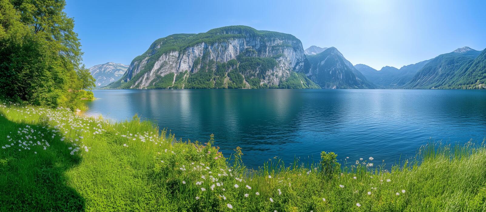 Alpine lake beneath a forested cliff and wildflower meadow