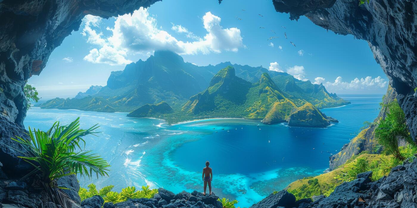 A tropical lagoon seen from a cave, framed by green peaks
