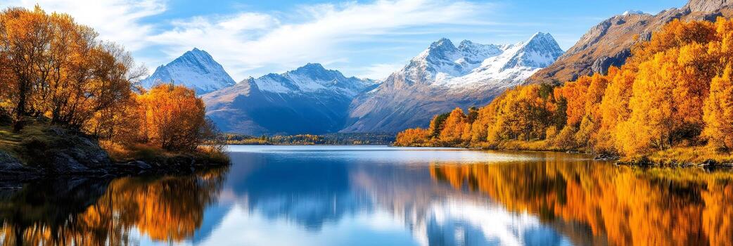 Snow-capped mountains reflected in an autumn lake